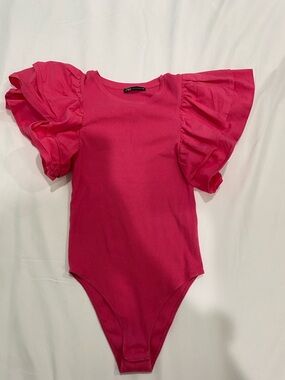 Zara Bright Pink Ruffled Sleeve One-Piece